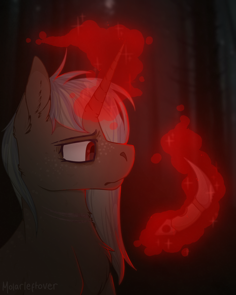 Size: 1000x1250 | Tagged: safe, artist:molars, derpibooru import, oc, oc:doe tracks, pony, unicorn, bust, image, knife, lighting, magic, pensive, png, sad, solo, telekinesis