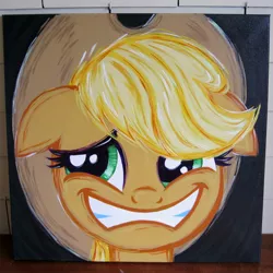 Size: 2000x2000 | Tagged: safe, artist:kp-shadowsquirrel, derpibooru import, applejack, pony, party of one, acrylic painting, bad poker face, bust, image, jpeg, looking away, portrait, solo, traditional art