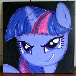 Size: 2000x2000 | Tagged: safe, artist:kp-shadowsquirrel, derpibooru import, twilight sparkle, pony, a bird in the hoof, >:), acrylic painting, bust, evil grin, grin, image, jpeg, rapeface, smiling, smirk, solo, traditional art