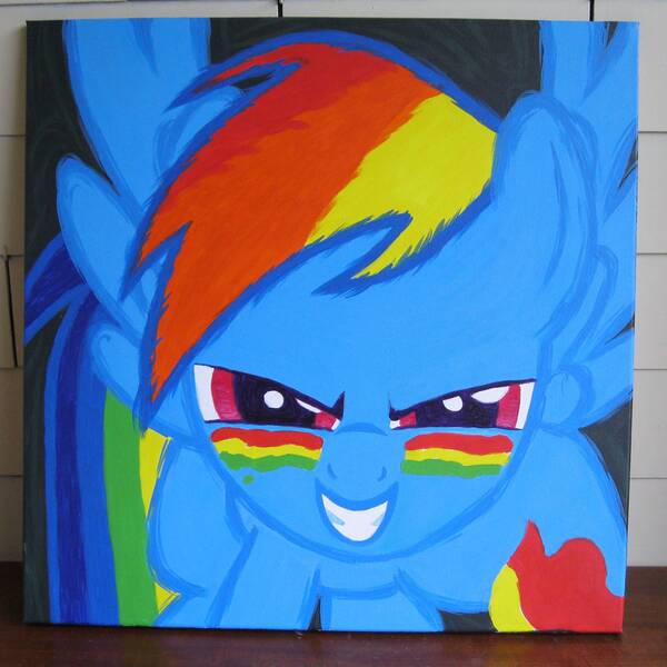 Size: 2000x2000 | Tagged: safe, artist:kp-shadowsquirrel, derpibooru import, rainbow dash, pegasus, pony, dragonshy, acrylic painting, face paint, grin, image, jpeg, smiling, solo, spread wings, traditional art, wings