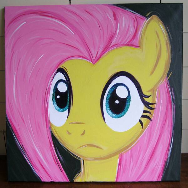 Size: 2000x2000 | Tagged: safe, artist:kp-shadowsquirrel, derpibooru import, fluttershy, pony, a bird in the hoof, acrylic painting, bust, frown, image, jpeg, looking at you, portrait, solo, traditional art