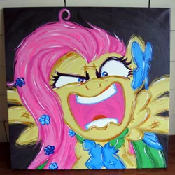 Size: 2000x2000 | Tagged: safe, artist:kp-shadowsquirrel, derpibooru import, fluttershy, pegasus, pony, the best night ever, acrylic painting, clothes, dress, flutterrage, gala dress, image, jpeg, solo, traditional art, you're going to love me