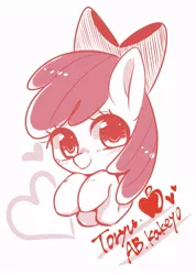 Size: 685x960 | Tagged: safe, artist:bbtasu, derpibooru import, apple bloom, earth pony, pony, adorabloom, cute, female, filly, foal, heart, image, jpeg, looking at you, solo