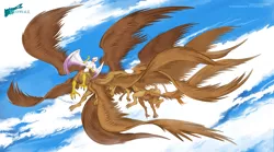 Size: 3865x2155 | Tagged: safe, artist:hynvale, derpibooru import, gilda, anthro, centaur, gryphon, taur, absurd resolution, anthro centaur, beak, breasts, cloud, commission, featureless breasts, female, flying, image, looking at you, open beak, open mouth, png, smiling, smiling at you, solo, taur train