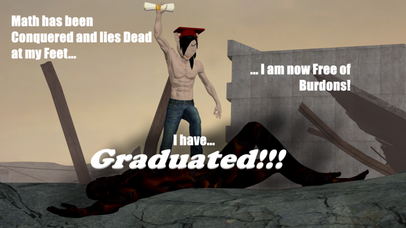 Size: 3840x2160 | Tagged: safe, artist:wolfthepredator, derpibooru import, oc, oc:kurt marek (electro-crit), unofficial characters only, anthro, 3d, blood, clothes, graduation, graduation cap, hat, image, male, partial nudity, png, religion, ruins, text, topless, victory