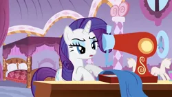 Size: 1280x720 | Tagged: safe, derpibooru import, screencap, rarity, pony, unicorn, season 1, stare master, bedroom, carousel boutique, female, image, jpeg, mannequin, mare, sewing, sewing machine, table