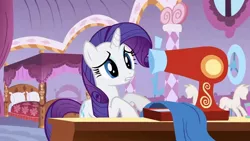 Size: 1280x720 | Tagged: safe, derpibooru import, screencap, rarity, pony, unicorn, season 1, stare master, bedroom, carousel boutique, female, image, jpeg, mannequin, mare, sewing, sewing machine, table