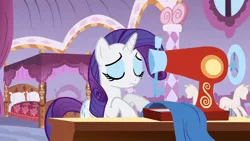 Size: 1280x720 | Tagged: safe, derpibooru import, screencap, rarity, pony, unicorn, season 1, stare master, bedroom, carousel boutique, female, image, jpeg, mannequin, mare, sewing, sewing machine, table