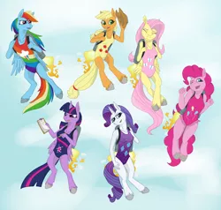 Size: 1280x1218 | Tagged: safe, artist:ravenwolf-bases, derpibooru import, applejack, fluttershy, pinkie pie, rainbow dash, rarity, twilight sparkle, twilight sparkle (alicorn), alicorn, anthro, earth pony, pegasus, unicorn, clothes, female, fire, flying, image, jetpack, jpeg, leotard, mane six, sky background, smiling