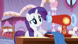 Size: 1280x720 | Tagged: safe, derpibooru import, screencap, rarity, pony, unicorn, season 1, stare master, bedroom, carousel boutique, female, image, jpeg, mannequin, mare, sewing, sewing machine, table