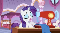 Size: 1280x720 | Tagged: safe, derpibooru import, screencap, rarity, pony, unicorn, season 1, stare master, bedroom, carousel boutique, female, image, jpeg, mannequin, mare, sewing, sewing machine, table