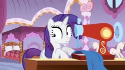 Size: 1280x720 | Tagged: safe, derpibooru import, screencap, rarity, pony, unicorn, season 1, stare master, bedroom, carousel boutique, duckface, female, image, jpeg, mannequin, mare, pouting, sewing, sewing machine, table