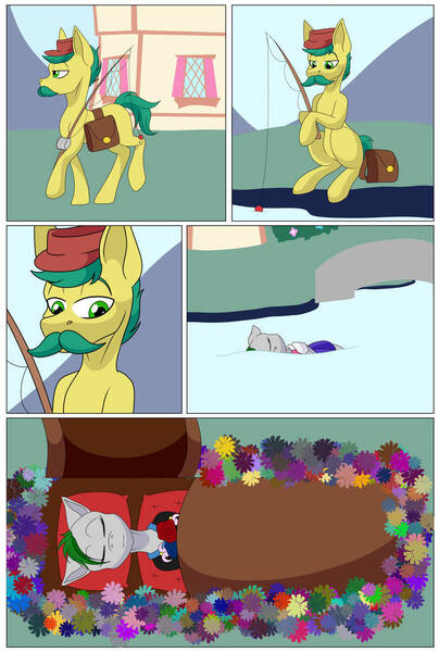 Size: 734x1089 | Tagged: semi-grimdark, artist:calamity-studios, derpibooru import, oc, oc:bunny beat, pony, comic:black star tales, coffin, dead, death, drowned, female, fishing, fishing rod, flower, image, jpeg, mare