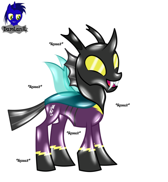 Size: 3840x4154 | Tagged: safe, artist:damlanil, derpibooru import, changeling, latex pony, original species, rubber pony, clothes, costume, happy, image, latex, latex skin, male, onomatopoeia, open mouth, open smile, png, rubber, rubber changeling, shadowbolts, shadowbolts costume, shiny, show accurate, simple background, smiling, solo, squeak, standing, transparent background, uniform, vector