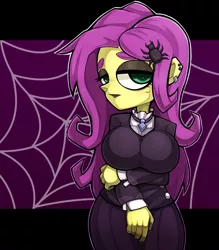 Size: 1543x1763 | Tagged: safe, artist:kyouman1010, derpibooru import, fluttershy, equestria girls, alternate hairstyle, big breasts, black background, breasts, busty fluttershy, clothes, ear piercing, earring, eyeshadow, female, fluttergoth, gem, goth, image, jacket, jewelry, jpeg, looking at you, makeup, necklace, piercing, simple background, solo, spider web