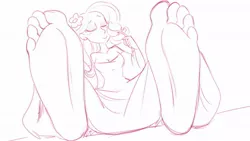 Size: 1920x1080 | Tagged: suggestive, artist:kimberco, derpibooru import, fluttershy, equestria girls, barefoot, clothes, dress, eyes closed, feet, fetish, flower, foot fetish, image, jpeg, sitting, sketch, sniffing, soles, toes