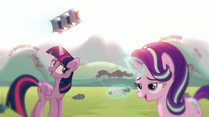 Size: 1920x1080 | Tagged: safe, artist:lumo_xu, derpibooru import, edit, edited screencap, screencap, starlight glimmer, twilight sparkle, alicorn, pony, unicorn, female, grass, hill, image, kite, kite flying, lesbian, looking at each other, looking at someone, magic, pmv, png, shipping, smiling, sunlight, tree, twistarlight