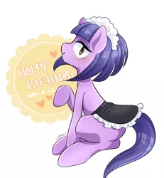 Size: 1234x1334 | Tagged: safe, artist:bbtasu, derpibooru import, tote bag (character), earth pony, pony, clothes, female, happy birthday, image, jpeg, maid, mare, simple background, solo, white background