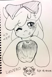 Size: 1400x2048 | Tagged: safe, artist:neko_lu_, derpibooru import, apple bloom, earth pony, pony, :p, apple, blushing, female, filly, foal, food, image, jpeg, korean, looking at you, moon runes, one eye closed, sketch, solo, text, tongue out, traditional art, wink