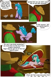 Size: 4443x6734 | Tagged: safe, artist:cactuscowboydan, derpibooru import, izzy moonbow, oc, unicorn, comic:the good the bad and the pony, g5, butt, cactus, comic, couch, cowboy hat, draw me like one of your french girls, hat, hoof heart, image, jpeg, lamp, paper, plot, smiling, story