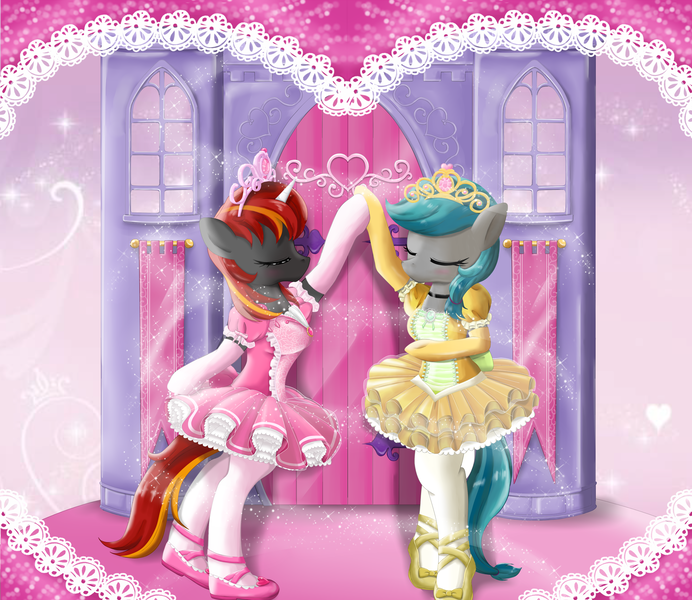 Size: 3000x2600 | Tagged: safe, artist:avchonline, derpibooru import, oc, oc:mysti inferno, oc:precious gemstones, unofficial characters only, earth pony, unicorn, ballerina', ballet, ballet slippers, blushing, boyfriends, castle, clothes, colored horn, crossdressing, dancing, duo, gloves, hair tie, heart, holding hooves, horn, image, jewelry, love, male, multicolored hair, pink tutu, png, tiara, tights, tutu, yellow tutu