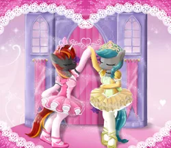 Size: 3000x2600 | Tagged: safe, artist:avchonline, derpibooru import, oc, oc:mysti inferno, oc:precious gemstones, unofficial characters only, earth pony, unicorn, ballerina', ballet, ballet slippers, blushing, boyfriends, castle, clothes, colored horn, crossdressing, dancing, duo, gloves, hair tie, heart, holding hooves, horn, image, jewelry, love, male, multicolored hair, pink tutu, png, tiara, tights, tutu, yellow tutu