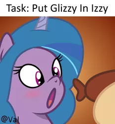 Size: 1920x2067 | Tagged: safe, artist:grapefruit-face, derpibooru import, izzy moonbow, unicorn, my little pony: tell your tale, blushing, food, g5, glizzy, hot dog, image, meat, o mouth, open mouth, png, sausage, solo