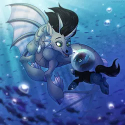 Size: 2300x2300 | Tagged: safe, artist:sadelinav, derpibooru import, oc, ponified, ponified:kellin quinn, ponified:oliver sykes, earth pony, fish, pony, siren, undead, zombie, zombie pony, bone, bring me the horizon, bubble, butt, clothes, cloven hooves, commission, duo, duo male, fangs, fins, fish tail, horn, image, male, ocean, open mouth, plot, png, scales, scar, shirt, size difference, sleeping with sirens, stallion, stitches, tail, tattoo, torn ear, underwater, water, ych result