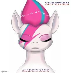 Size: 2476x2538 | Tagged: safe, artist:shikogo, derpibooru import, zipp storm, pegasus, aladdin sane, album cover, bust, david bowie, eyes closed, face paint, front view, g5, image, png, portrait, reference, simple background, text