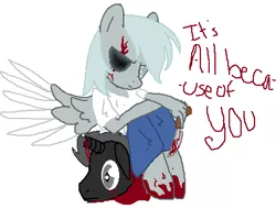 Size: 449x341 | Tagged: semi-grimdark, artist:biggestmlpfanever, artist:equestria-extreme, derpibooru import, oc, oc:diget, unofficial characters only, pegasus, pony, blood, clothes, dead, decapitated, image, implied murder, knife, png, severed head, shirt