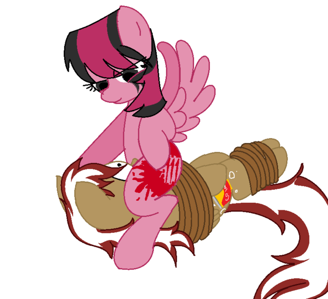 Size: 808x736 | Tagged: questionable, semi-grimdark, artist:equestria-extreme, derpibooru import, oc, oc:vinila cola, unofficial characters only, pegasus, pony, blood, bondage, image, implied cunnilingus, implied oral, implied rape, implied sex, png, rope, tied up