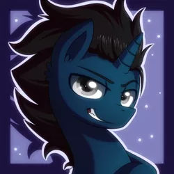 Size: 500x500 | Tagged: safe, artist:arastane-siryphia, derpibooru import, oc, oc:slashing prices, unofficial characters only, pony, unicorn, bust, commission, ear fluff, eye shimmer, grin, gritted teeth, horn, image, male, png, portrait, pose, raised eyebrow, simple background, smiling, smug, solo, stallion, teeth, unicorn oc