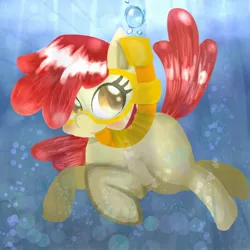 Size: 1024x1024 | Tagged: safe, artist:doubt, derpibooru import, apple bloom, earth pony, pony, adorabloom, blushing, cute, female, filly, foal, goggles, image, jpeg, smiling, snorkel, snorkeling, solo, swimming goggles, underwater