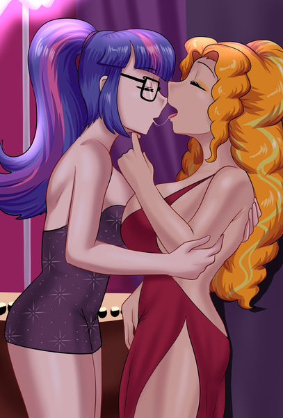 Size: 1222x1800 | Tagged: questionable, artist:thebrokencog, derpibooru import, adagio dazzle, sci-twi, twilight sparkle, human, fanfic:our adorable trophy nerd, adagilight, breasts, busty adagio dazzle, busty sci-twi, clothes, commission, dress, drool, drool on face, drool string, duo, duo female, fanfic art, female, french kiss, glasses, hand, hand on cheek, image, kissing, lesbian, png, shipping, sloppy kissing, strip club, stripper pole