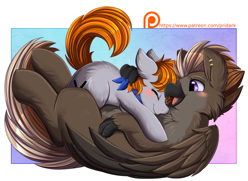 Size: 3048x2216 | Tagged: safe, artist:pridark, derpibooru import, oc, unofficial characters only, earth pony, gryphon, pony, cute, earth pony oc, eyes closed, griffon oc, hug, image, ocbetes, open mouth, patreon, patreon logo, patreon reward, png