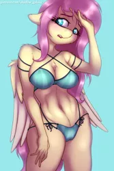 Size: 1000x1500 | Tagged: suggestive, alternate version, artist:shad0w-galaxy, derpibooru import, fluttershy, anthro, pegasus, pony, belly button, big breasts, bikini, blushing, breasts, busty fluttershy, cameltoe, chest fluff, clothes, cute, ear fluff, female, fluffy, image, mare, open mouth, png, shyabetes, simple background, solo, swimsuit, wings