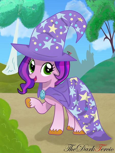 Size: 1280x1707 | Tagged: safe, artist:thedarktercio, derpibooru import, pipp petals, pony, accessory swap, adorapipp, cape, clothes, cute, female, g5, hat, image, jpeg, smiling, solo, the great and powerful, trixie's cape, trixie's hat