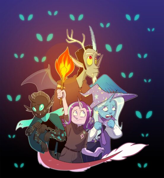 Size: 1106x1200 | Tagged: safe, artist:stevetwisp, derpibooru import, discord, starlight glimmer, thorax, trixie, changeling, human, to where and back again, 2021, fire, horn, humanized, image, jpeg, reformed four, scared