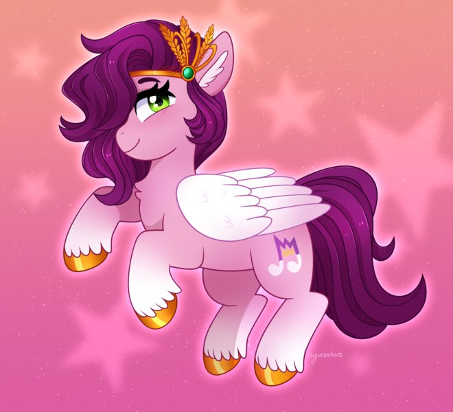 Size: 2067x1878 | Tagged: safe, artist:emera33, derpibooru import, pipp petals, pegasus, pony, blushing, chest fluff, ear fluff, eyebrows, female, flying, g5, gradient background, hair over one eye, image, looking at you, mare, png, signature, smiling, smiling at you, solo