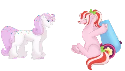 Size: 1280x732 | Tagged: safe, artist:itstechtock, derpibooru import, oc, oc:confetti surprise, unofficial characters only, earth pony, pony, unicorn, female, image, mare, offspring, parent:cheese sandwich, parent:pinkie pie, parents:cheesepie, party cannon, png