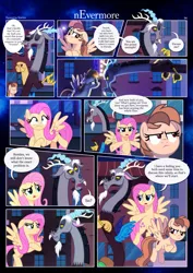 Size: 3259x4607 | Tagged: safe, artist:estories, derpibooru import, discord, fluttershy, oc, oc:alice goldenfeather, draconequus, pegasus, pony, comic:nevermore, alice is not amused, angry, comic, crossed hooves, eyes closed, female, floppy ears, flying, frown, high res, image, looking at each other, looking at someone, male, mare, one eye closed, open mouth, open smile, pegasus oc, png, smiling, speech bubble, spread wings, trio, unamused, wings