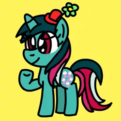 Size: 768x768 | Tagged: safe, artist:danielthebrony57, derpibooru import, fizzy, pony, twinkle eyed pony, unicorn, cute, female, fizzybetes, flower, flower on hat, full body, g1, g1 to g4, g4, generation leap, girl fizzy, hat, hooves, image, mare, multicolored hair, multicolored mane, multicolored tail, png, raised arm, red eyes, simple background, smiling, solo, standing, tail, that was fast, yellow background