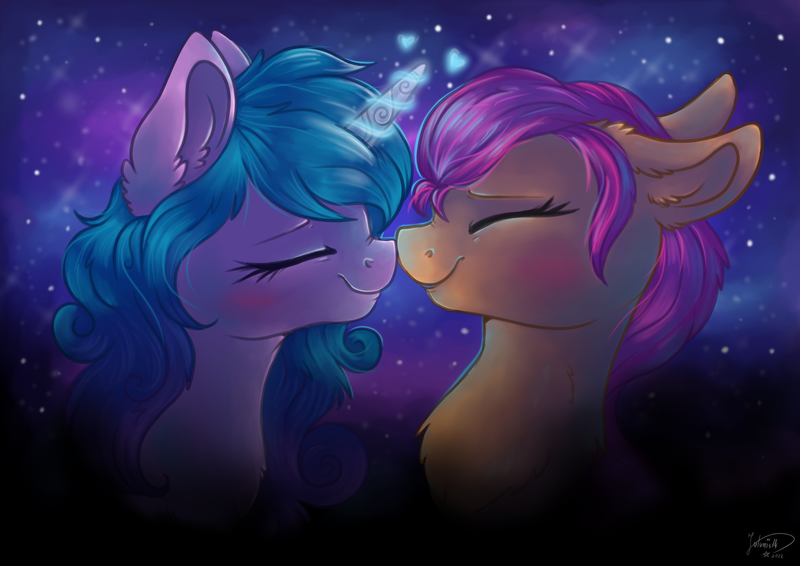 Size: 4093x2894 | Tagged: safe, artist:julunis14, derpibooru import, izzy moonbow, sunny starscout, earth pony, pony, unicorn, blushing, boop, couple, digital art, eyes closed, female, g5, image, izzyscout, lesbian, magic, night, night sky, nose wrinkle, noseboop, png, shipping, sky, stars, the cosmos