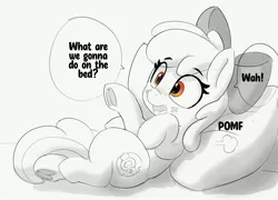 Size: 3049x2191 | Tagged: safe, artist:pabbley, derpibooru import, apple bloom, earth pony, pony, bed, female, filly, foal, image, jpeg, lying down, on back, onomatopoeia, pillow, pomf, solo, speech bubble, tail, tail between legs, what are we gonna do on the bed?