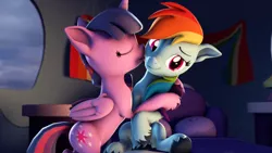 Size: 3840x2160 | Tagged: safe, artist:psfmer, rainbow dash, twilight sparkle, twilight sparkle (alicorn), alicorn, pegasus, 3d, 4k, bed, cute, eyes closed, face licking, female, floppy ears, high res, hug, kissing, lesbian, licking, rainbow dash's bedroom, revamped ponies, shipping, source filmmaker, tongue out, twidash, unshorn fetlocks