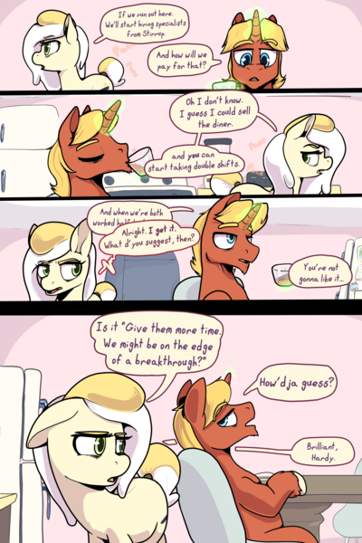 Size: 3000x4500 | Tagged: safe, artist:storyteller, derpibooru import, oc, oc:hard boiled, oc:sunny side, earth pony, pony, unicorn, comic:eavesdrop, alcohol, annoyed, argument, comic, dialogue, female, image, kitchen, male, mare, png, sarcasm, speech bubble, stallion