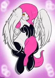 Size: 1050x1500 | Tagged: safe, artist:edgarkingmaker, derpibooru import, oc, unofficial characters only, pegasus, pony, coy, image, latex, my little pony, pink, pinup, png, shy, solo, white