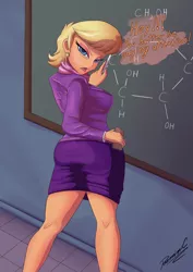 Size: 2480x3508 | Tagged: safe, artist:reminic, derpibooru import, ms. harshwhinny, equestria girls, angry, ass, blonde, blonde hair, blue eyes, butt, chalk, chalkboard, classroom, clothes, ear piercing, earring, eyebrows, eyeshadow, frown, high res, image, jewelry, looking at you, looking back, looking back at you, makeup, ms. harshbooty, open mouth, piercing, png, scarf, signature, skirt, teacher, teaching, text, tight clothing, tights, tuxedo, uniform