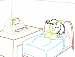 Size: 1200x900 | Tagged: safe, artist:purblehoers, derpibooru import, oc, oc:anonfilly, earth pony, pony, bed, comfy, commodore pet, computer, desk, eyes closed, female, filly, foal, good night, image, ms paint, png, sleeping, smiling, solo