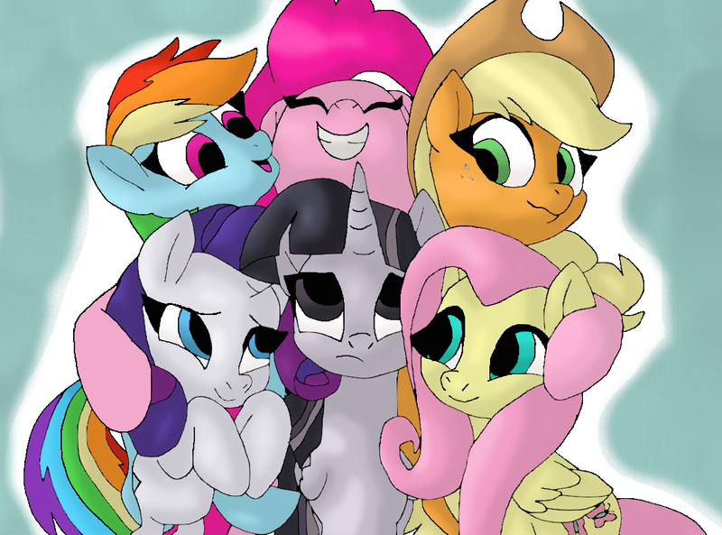 Size: 1096x812 | Tagged: safe, artist:mojo1985, derpibooru import, applejack, fluttershy, pinkie pie, rainbow dash, rarity, twilight sparkle, twilight sparkle (alicorn), alicorn, earth pony, pegasus, pony, unicorn, cute, discorded, discorded twilight, female, hug, image, mane six, png, sad, twilight tragedy